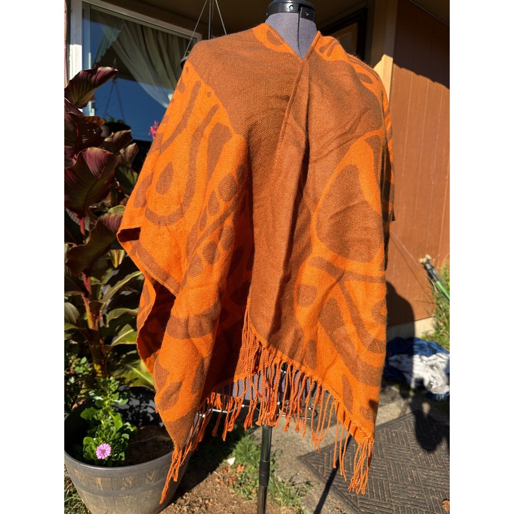 Vivalou Rust Orange Patterned Cape Poncho Wrap with Long Fringe - One Size